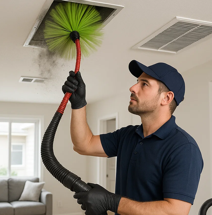 Technician cleaning HVAC ducts to remove hidden dust and pollutants and restore healthy airflow in La Porte TX.